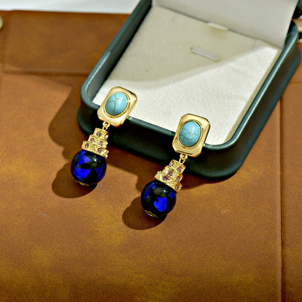 Vintage Turquoise Gold Foil Glass Earrings Gorgeous